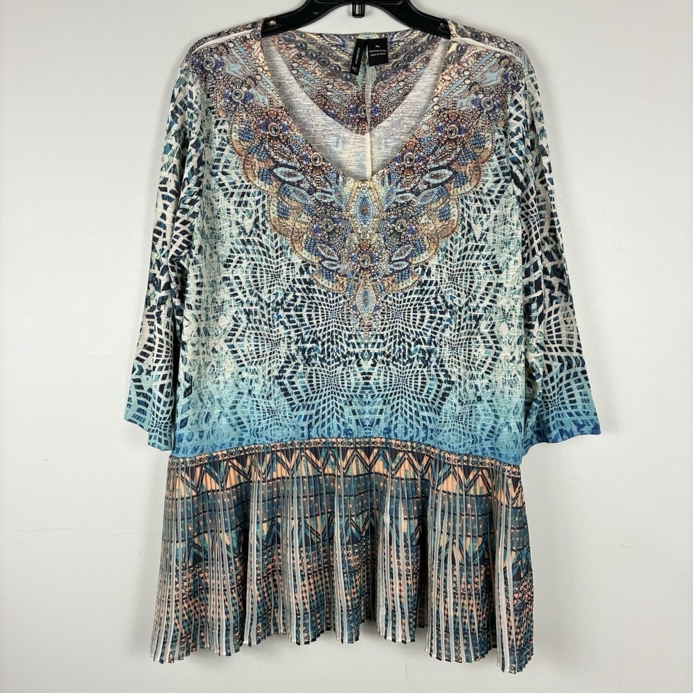 New Direction Multicolor Top 1X Boho Embellished‎ Fairy Gypsy 3/4 Sleeve